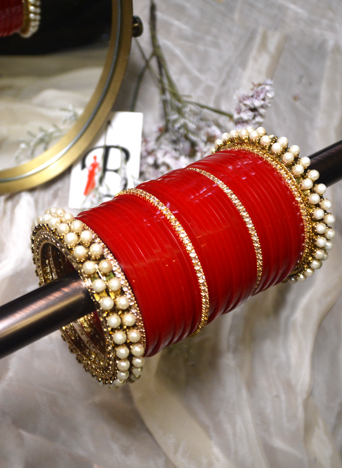Pearl Churra set with red bangles and CZ crystals fo women