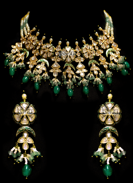 Soraya I - Crystal Kundan, Green Pearl and Ruby Necklace Set