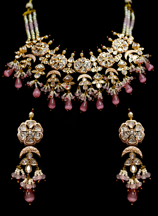 Soraya V - Crystal Kundan, Blossom Pink Pearl and Ruby Necklace Set