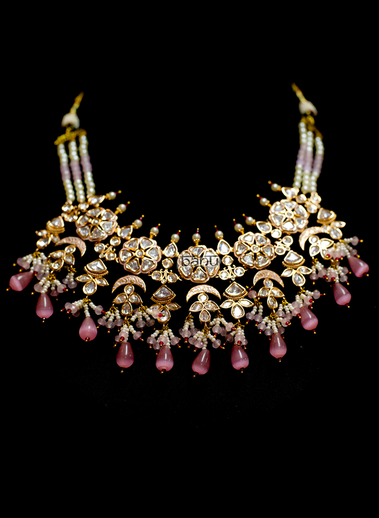 Soraya V - Crystal Kundan, Blossom Pink Pearl and Ruby Necklace Set