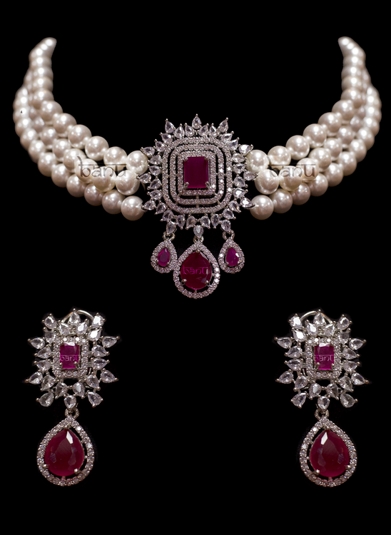 Esmeralda I - Pearl and Purple Emerald Bridal Choker Set