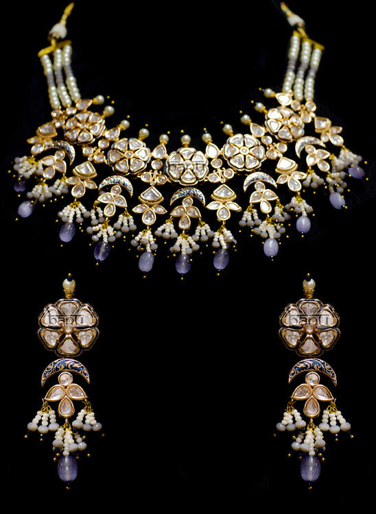 Soraya III - Crystal Kundan, Purple Pearl and Ruby Necklace Set