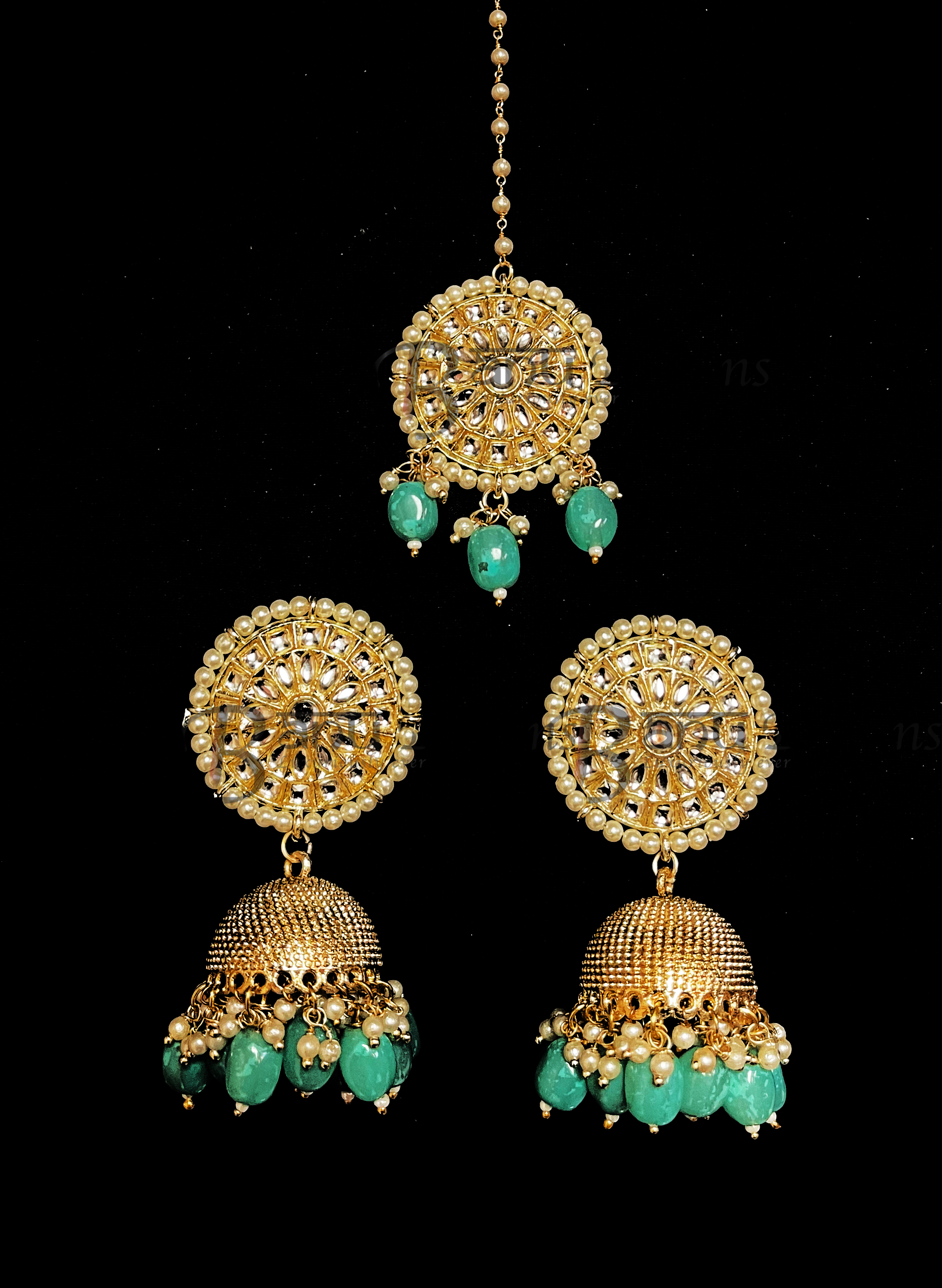 Turquoise Tikka & Earrings with pearls