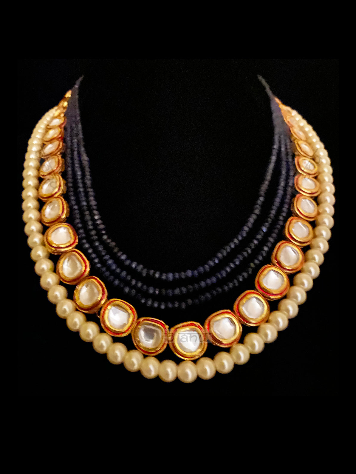 Elda Multi Strand Necklace With Matte Blue Onyx, Pearls & Ruby Meenakari - bAnuDesigns