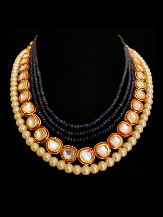 Load image into Gallery viewer, Elda Multi Strand Necklace With Matte Blue Onyx, Pearls &amp;amp; Ruby Meenakari - bAnuDesigns
