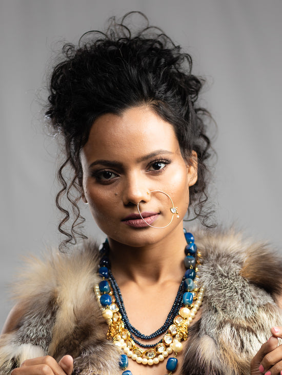 Elda Multi Strand Necklace With Matte Blue Onyx, Pearls & Ruby Meenakari - bAnuDesigns