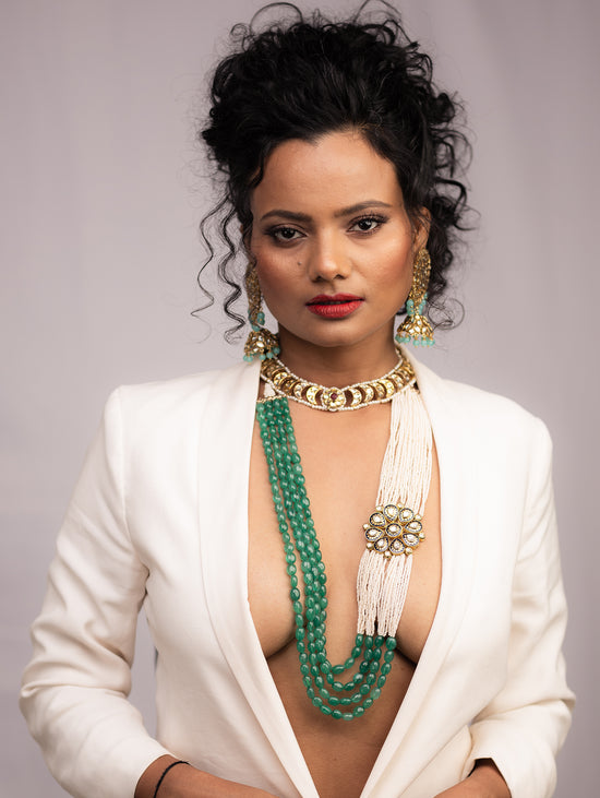 Chantel Emerald Broach Pearl Necklace - bAnuDesigns