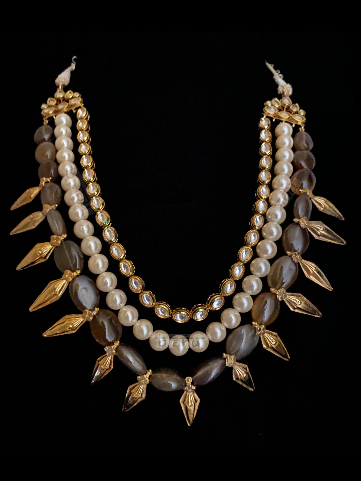 Garland Statement Necklace with  Grey Onyx, Pearls And Gold Enhancements - bAnuDesigns