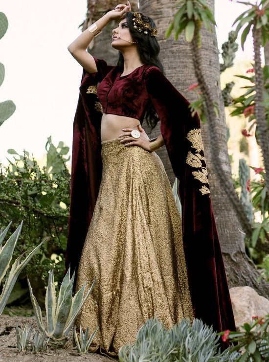 Load image into Gallery viewer, Golden Girl Lengha - Gold Sequin Lengha with Velvet cape blouse - bAnuDesigns

