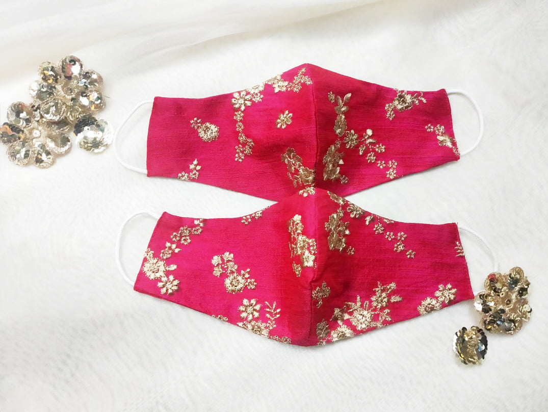 Bridal Silk Embroidery Face Mask - Fuchsia Pink - bAnuDesigns