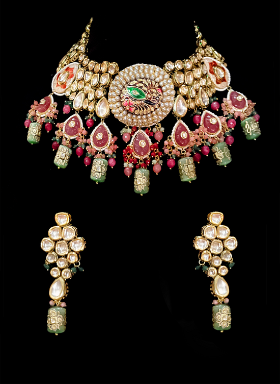 Peacock Meenakari bridal kundan choker with cluster pearls