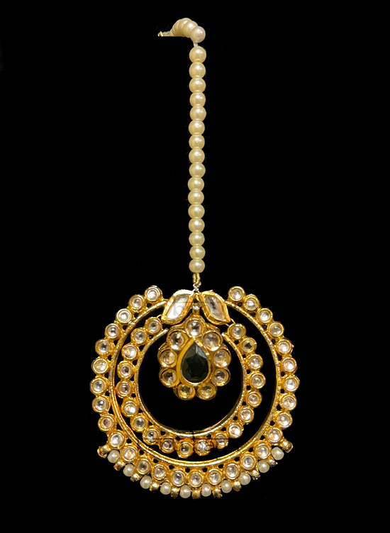 Pearl maang tikka with CZ stones and black Onyx stone