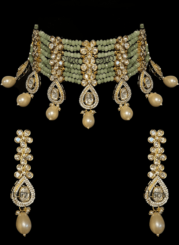 Harini - Modern Bridal Set w/ Pastel Green Stones, Kundan & Pearls