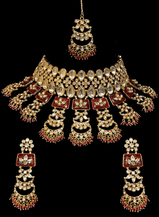 Tiana - Contemporary Bridal Set w/ Red Meenakari, Ruby Stones, Kundan & Pearls