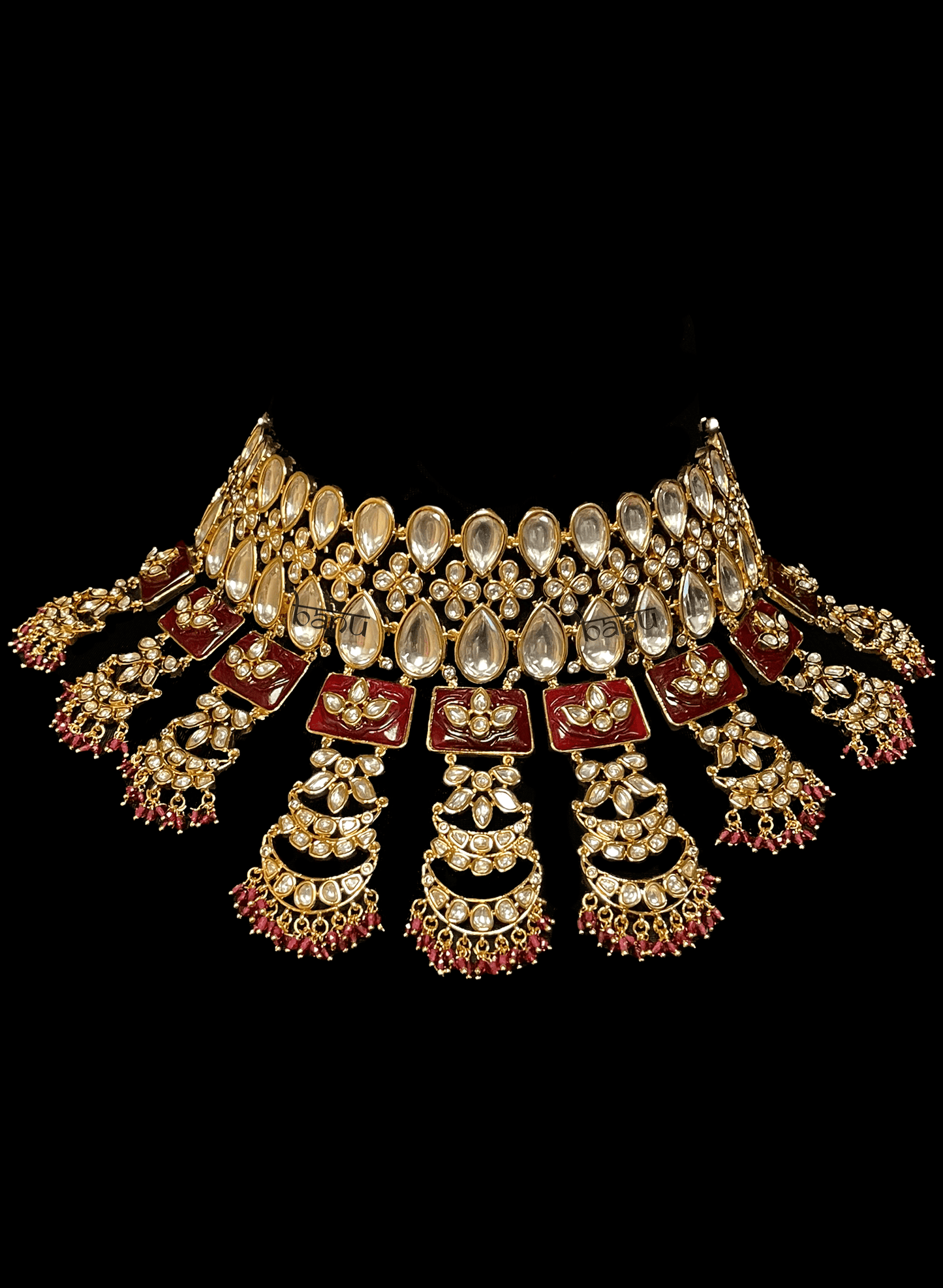 Tiana - Contemporary Bridal Set w/ Red Meenakari & Ruby Stones, Kundan & Pearls
