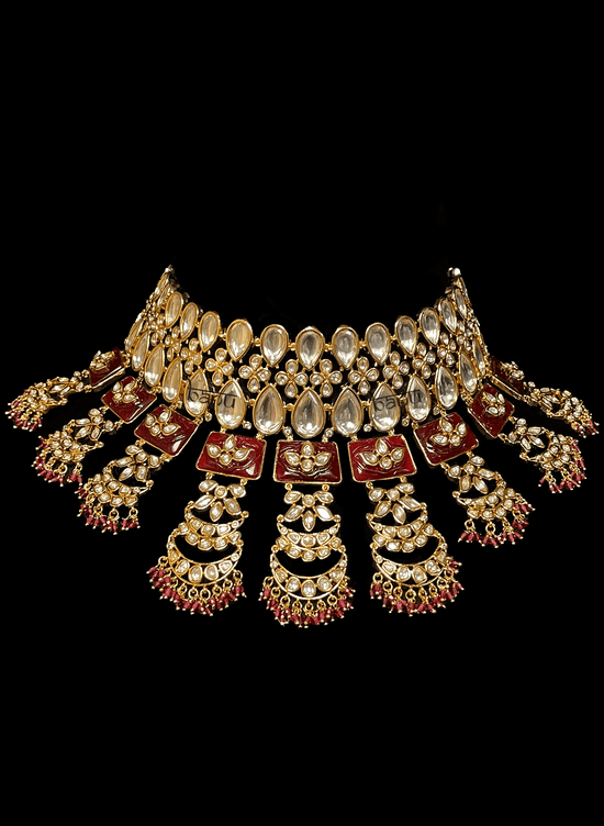 Tiana - Contemporary Bridal Set w/ Red Meenakari & Ruby Stones, Kundan & Pearls