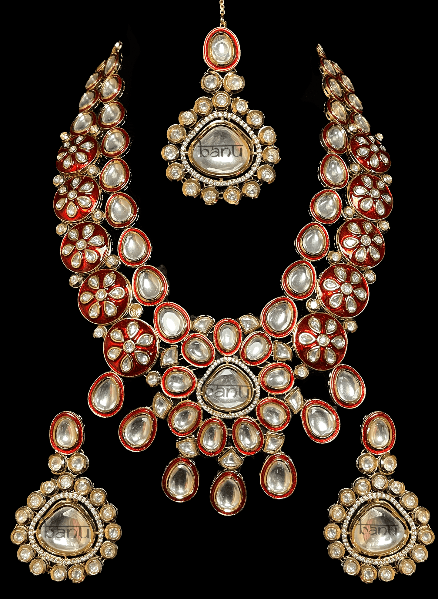 Load image into Gallery viewer, Fiza - Modern Red Meenakari Bridal Set w/ Kundan Choker, Earrings &amp;amp; Teekha

