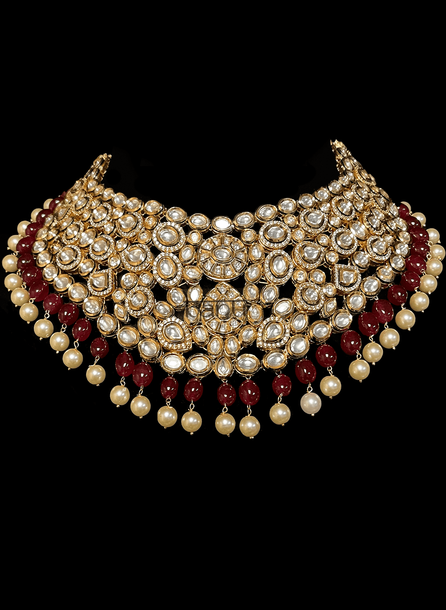 Ganga - Modern Bridal Set w/ Ruby Stones, Polki Jadau & Pearls