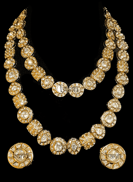 Kiza - Double Layered Modern Floral Kundan Mala Necklace & Stud Earrings