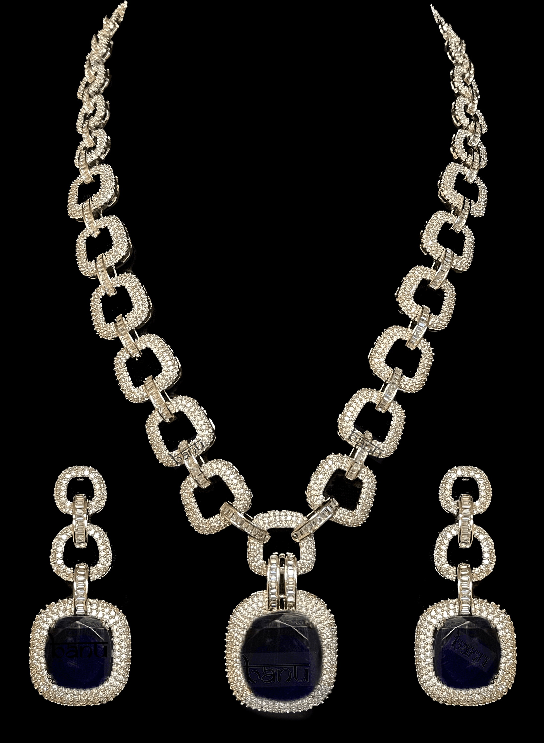Scarlet II - Blue Sapphire Victorian Era Bridal Necklace & Earring w/ CZ stone