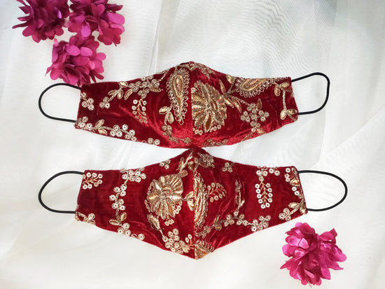 Load image into Gallery viewer, Velvet Embroidery Face Mask - Red - bAnuDesigns
