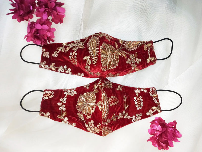 Velvet Embroidery Face Mask - Red - bAnuDesigns