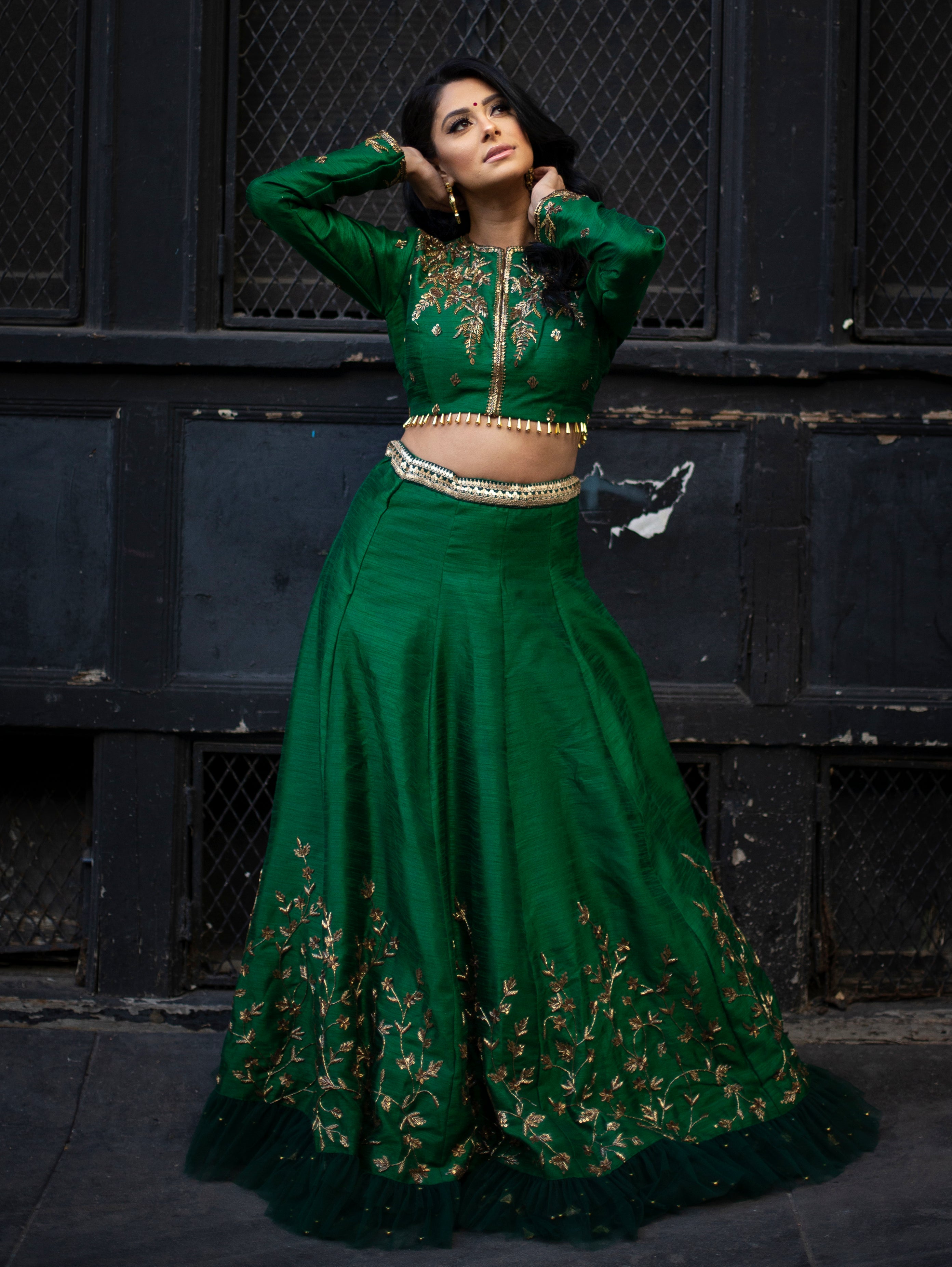 Green Silk Lehenga: Full sleeve Blouse & Ruffle Hem Skirt – B Anu