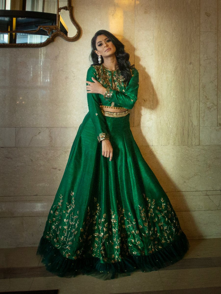 Green Silk Lehenga: Full sleeve Blouse & Ruffle Hem Skirt Banu Designs Green Silk Lehenga: Full sleeve Blouse & Ruffle Hem Skirt Banu Designs