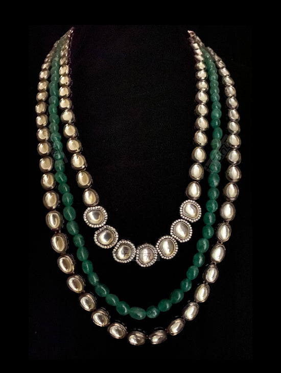 Nargis Multi Strand Green Emeralds & Silver Kundan CZ Stone Necklace - bAnuDesigns