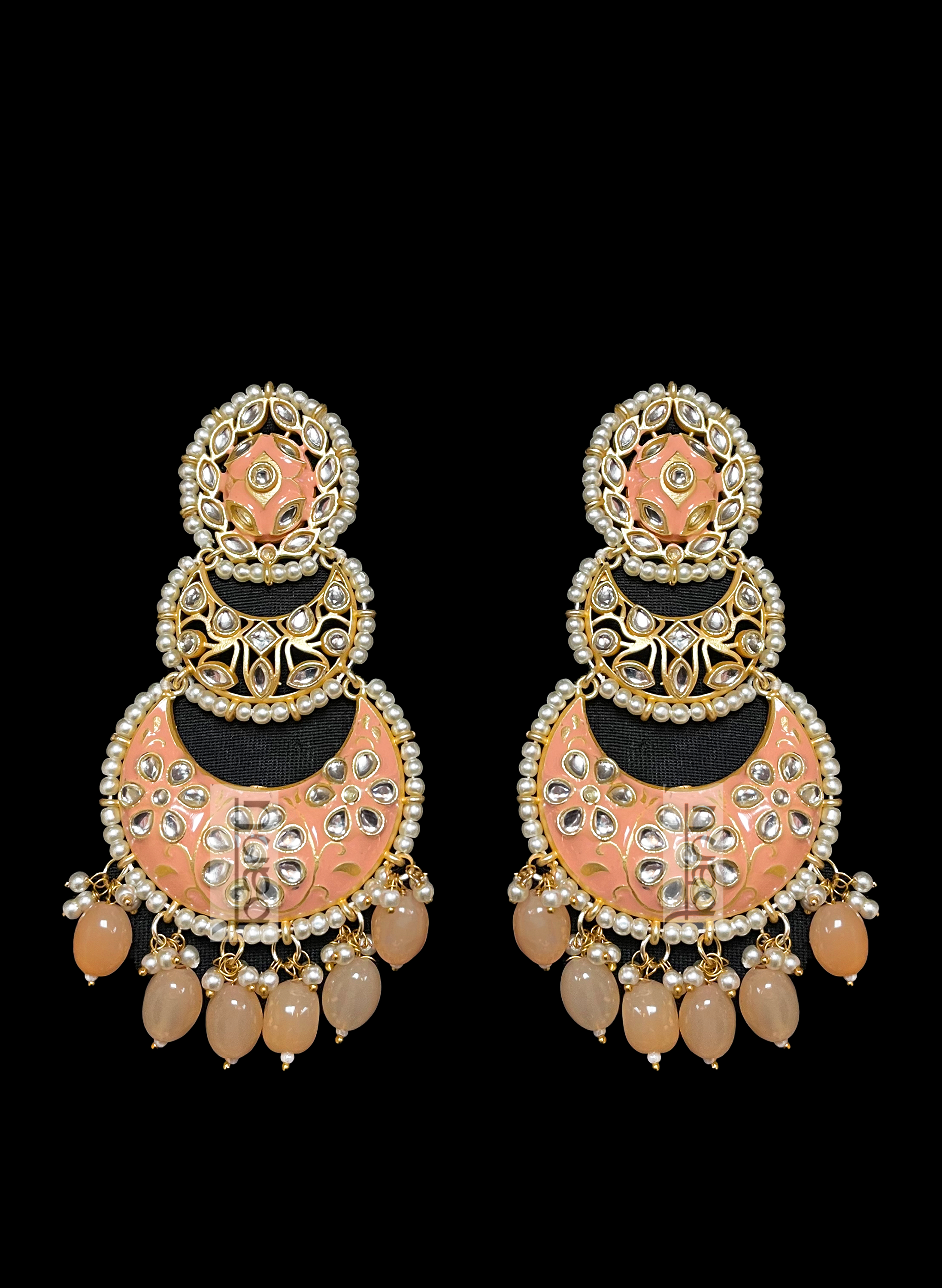 Indian Peach Onyx Earrings with Kundan, Pearls & Meenakari work