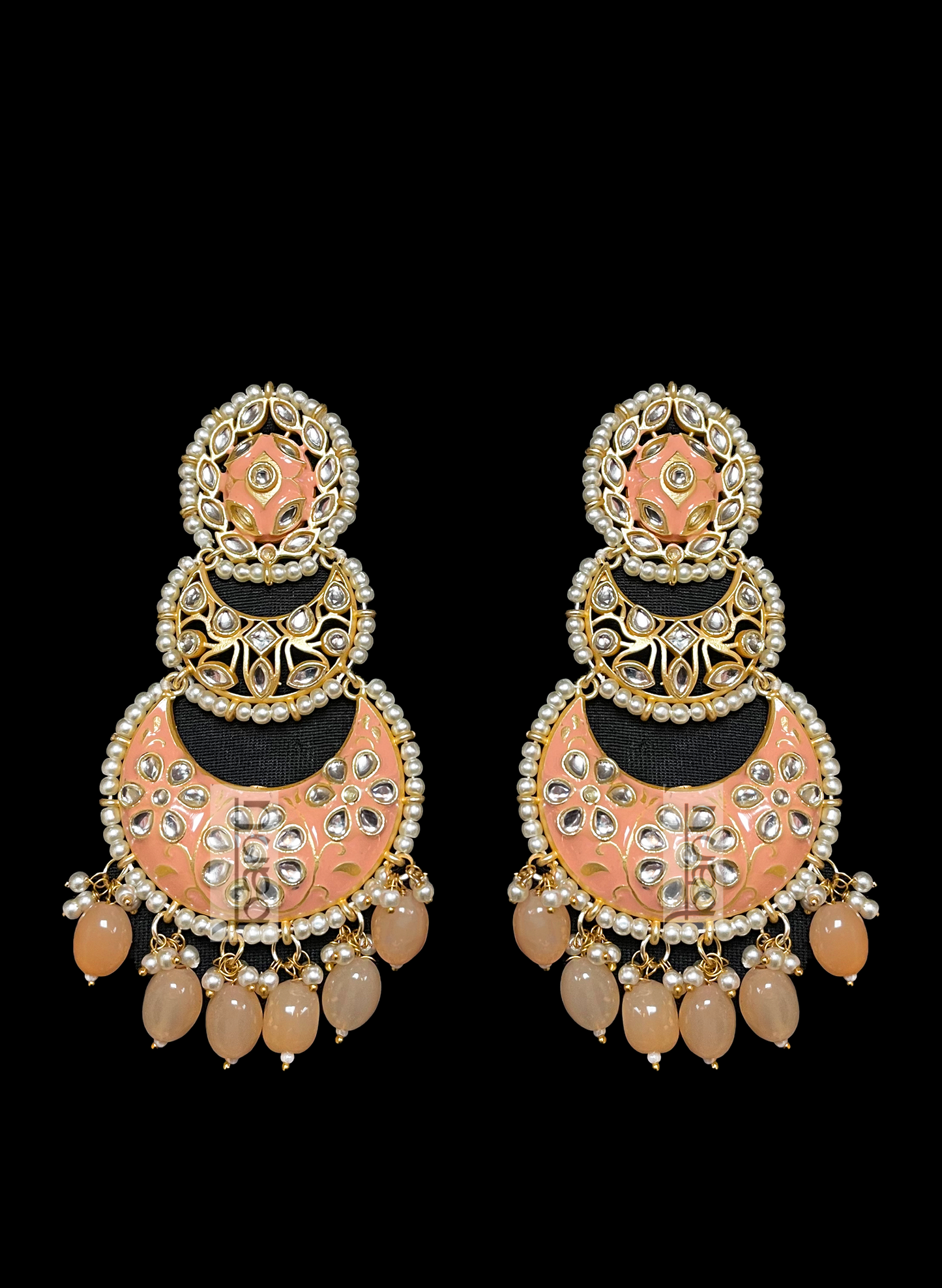 Indian Peach Onyx Earrings with Kundan, Pearls & Meenakari work