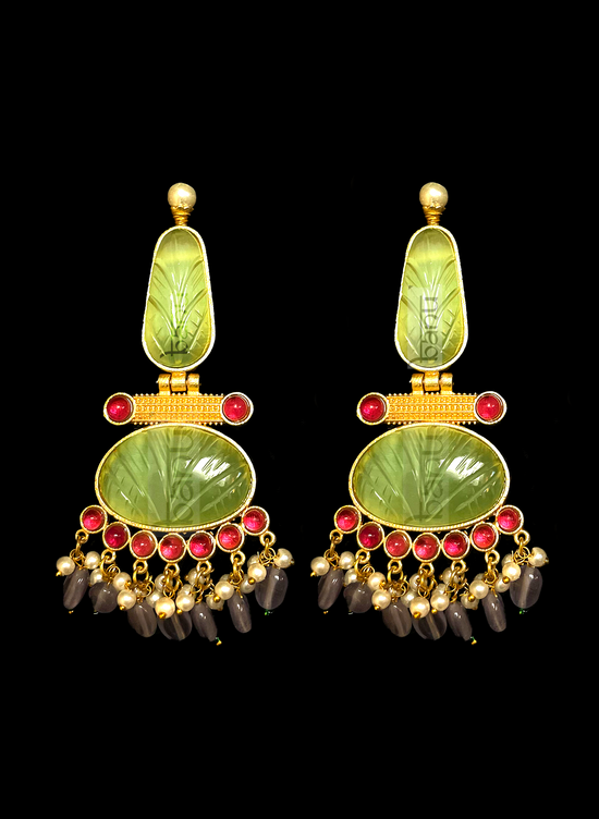 Lime Green Women's Earrings with Pearls & Onyx - Amrapali Jewelry