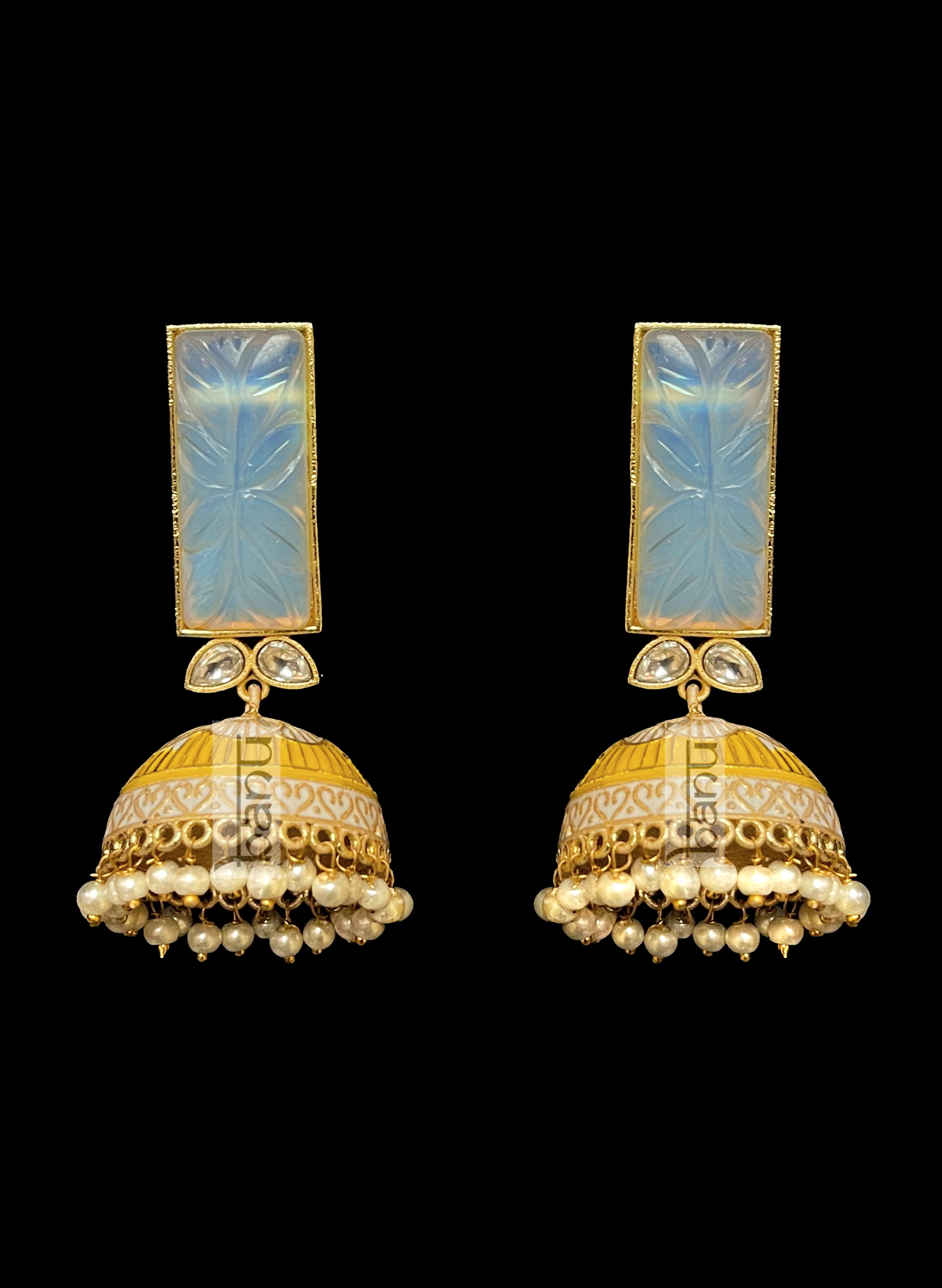 Yellow meenakari & Blue Onyx Indian Bridal Women's Earrings
