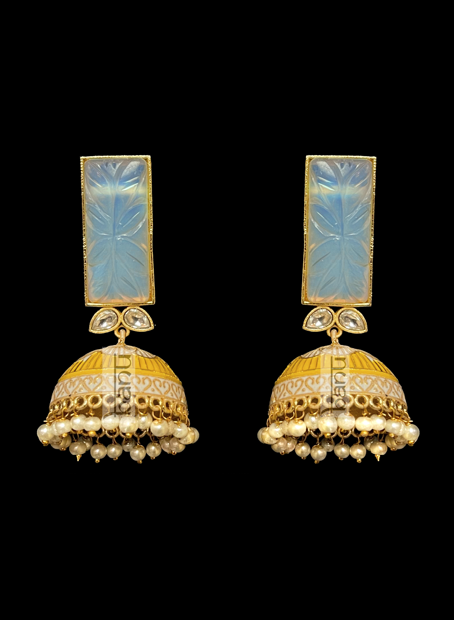 Load image into Gallery viewer, Yellow meenakari &amp;amp; Blue Onyx Indian Bridal Women&amp;#39;s Earrings
