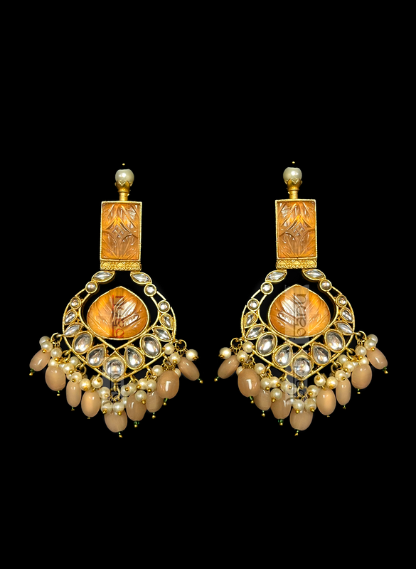 Orange Onyx Indian Earrings with Kundan & Pearls for women in the USA