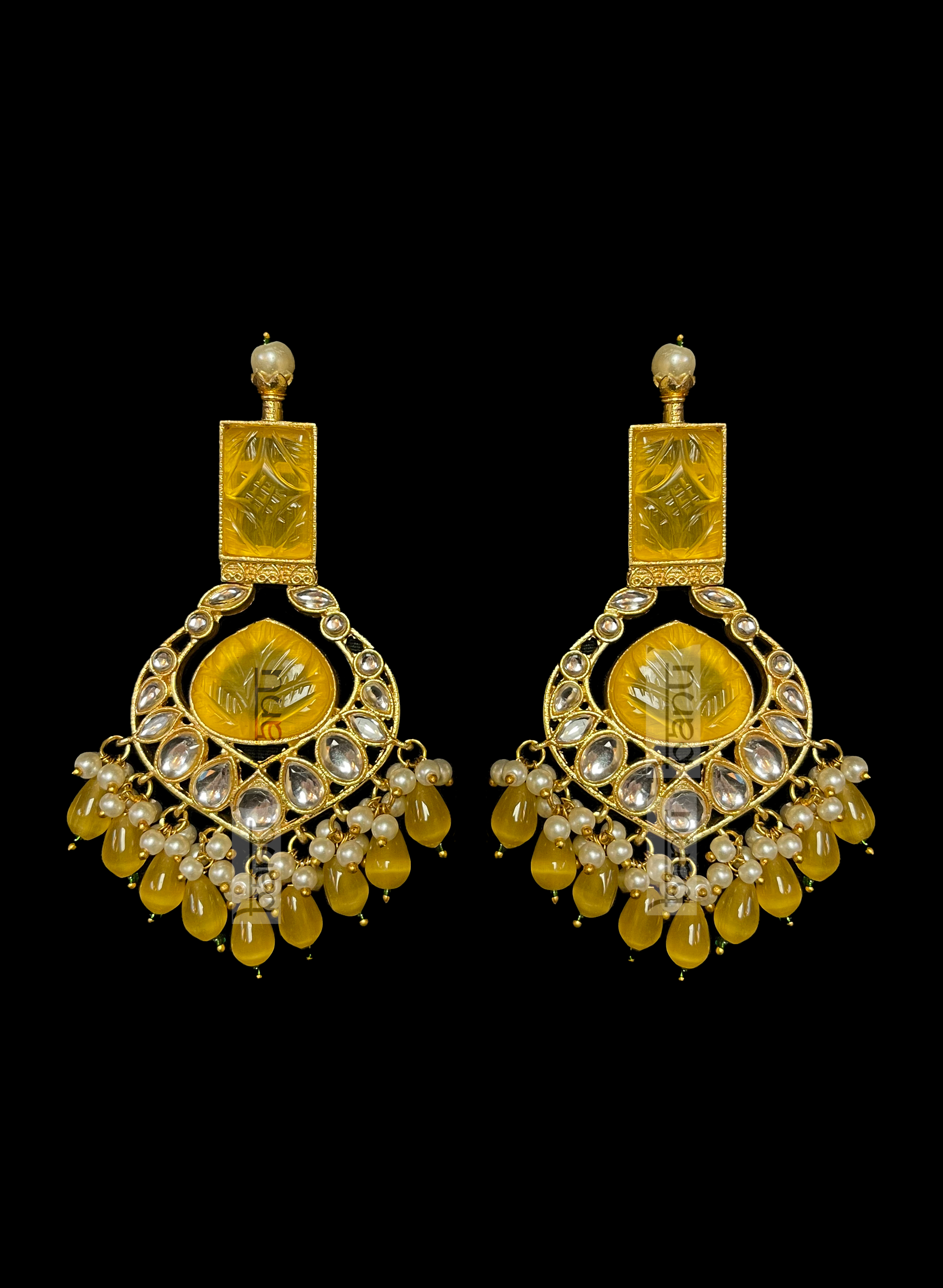 Yellow Indian bridal Kundan earrings with Pearl & Onyx now in USA