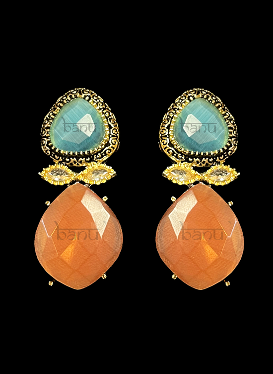 Load image into Gallery viewer, Blue &amp;amp; Orange Kundan Onyx earring for Indian women 
