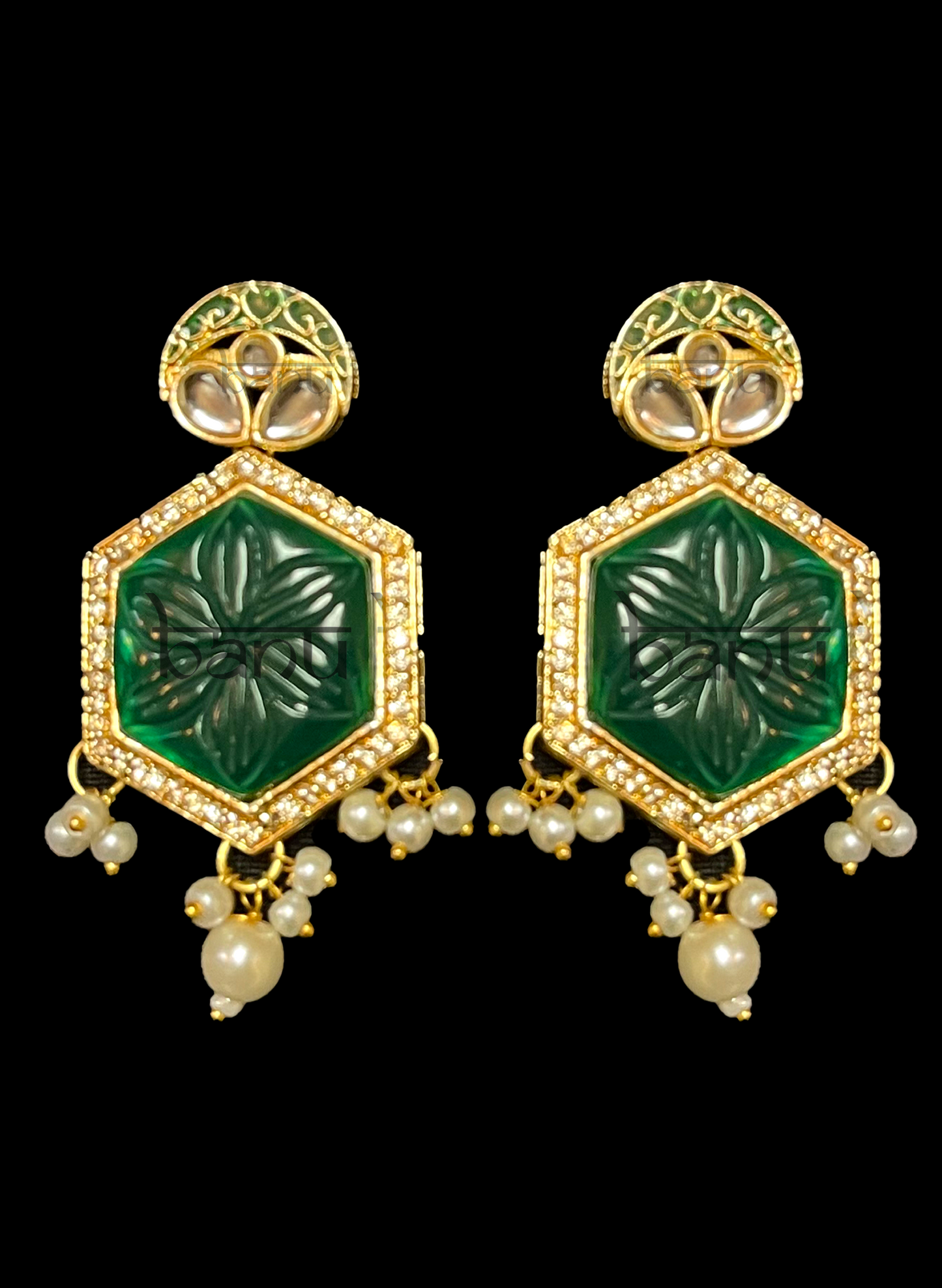 Load image into Gallery viewer, Green Indian Amrapalli earrings with kundan &amp;amp; pearls
