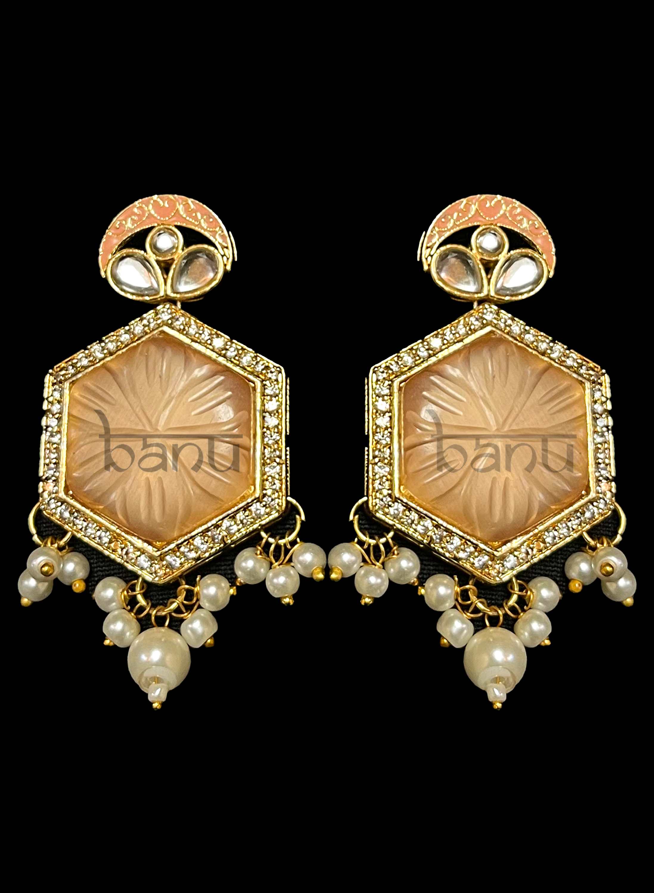 Peach Indian Bridal Amarpali earrings with pearl drops