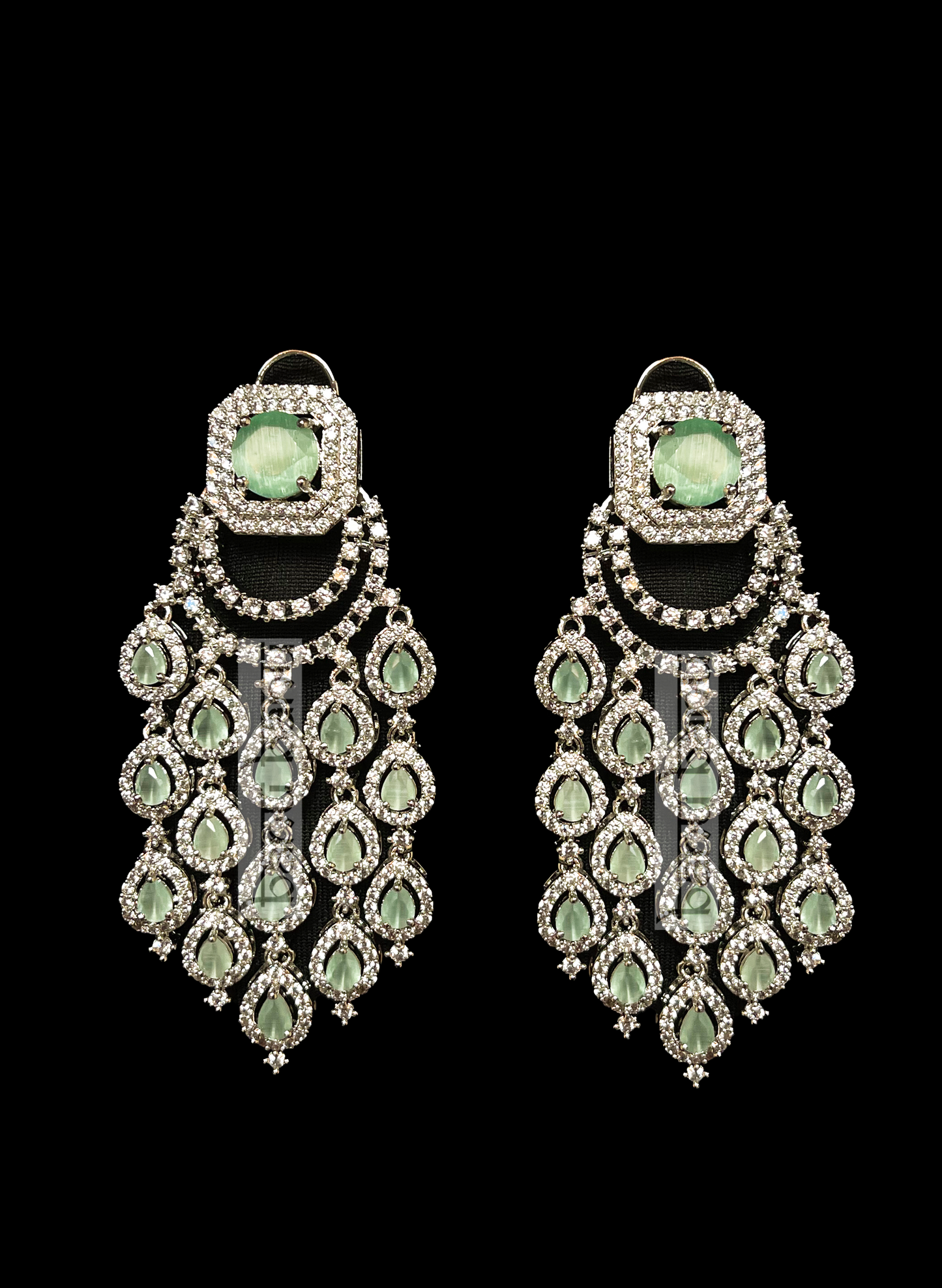 CZ stones bridal earrings with Green Onyx gemstones