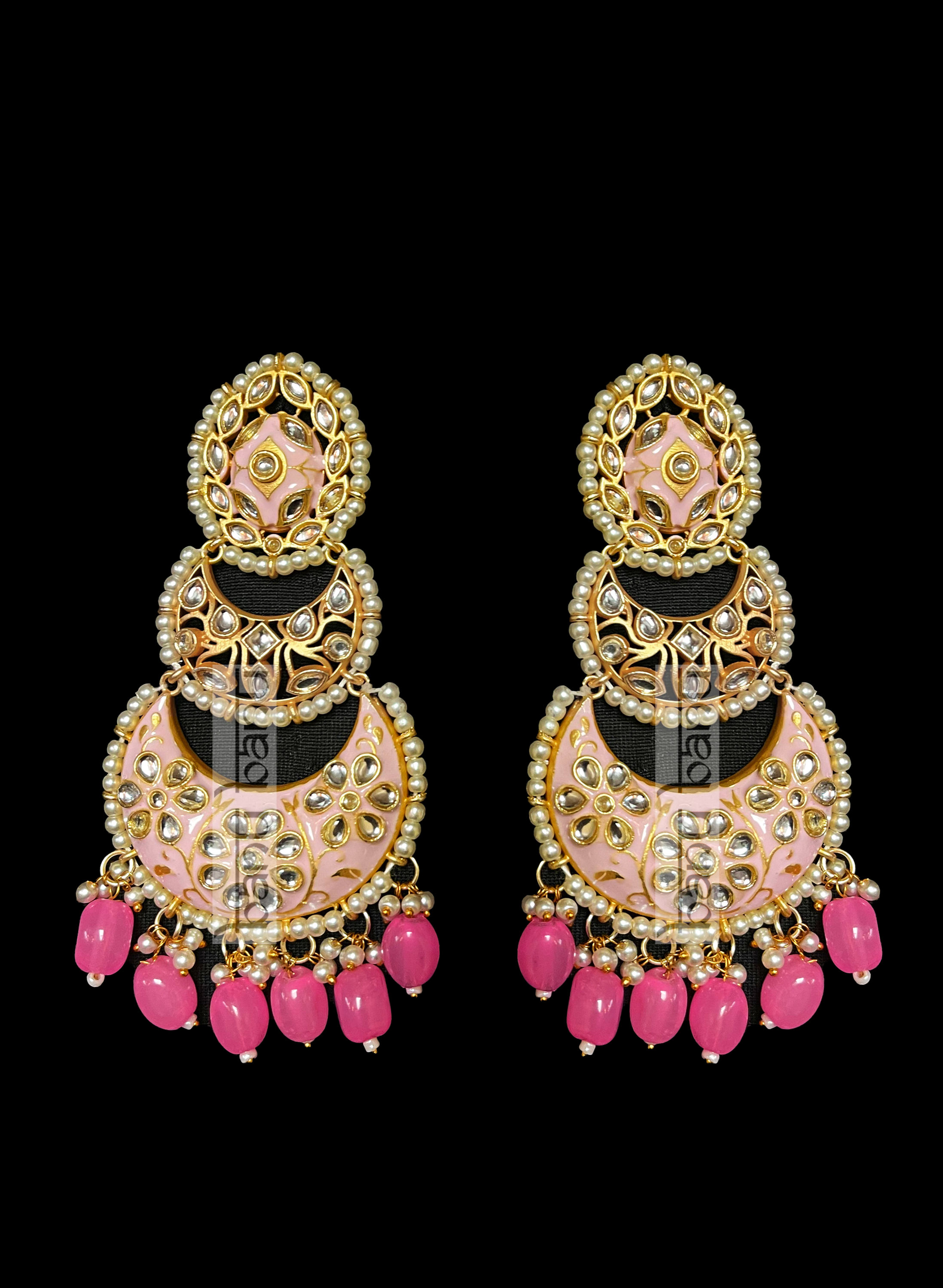 Pastel pink Indian Earrings with Kundan & Pearls for Brides