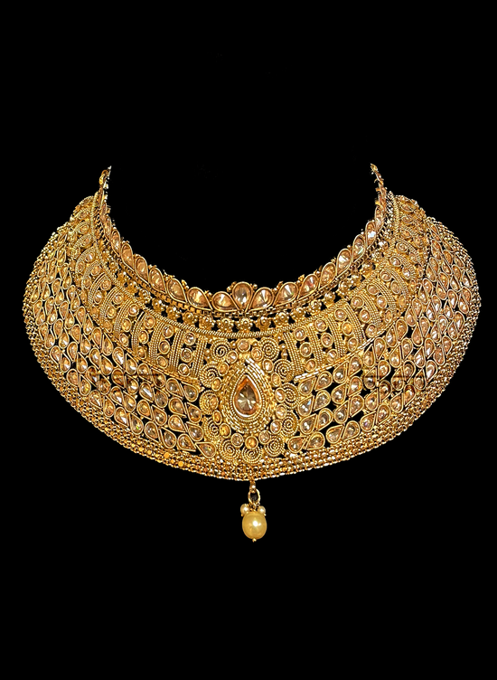 Load image into Gallery viewer, Gold plated kundan choker necklace with pearl drop
