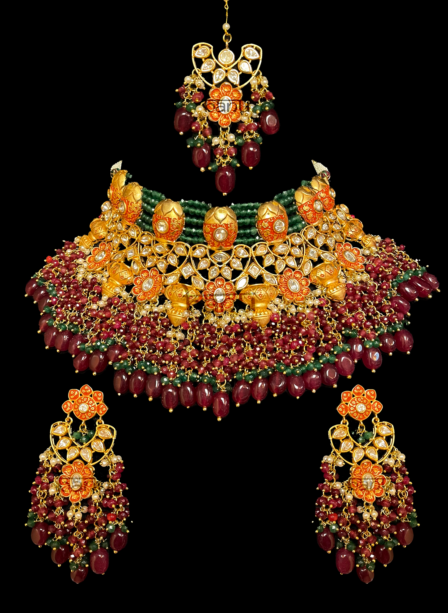 Kundan & Orange Meenakari jewelry set with Rubies & Emeralds