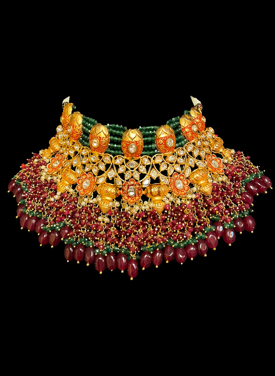 Ruby & Kundan Choker necklace with Orange Meenakari work