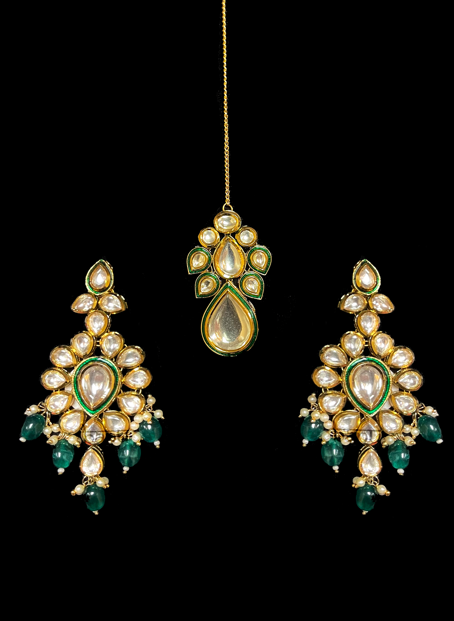 Kundan & Emerald Modern Indian earrings and maang teekah