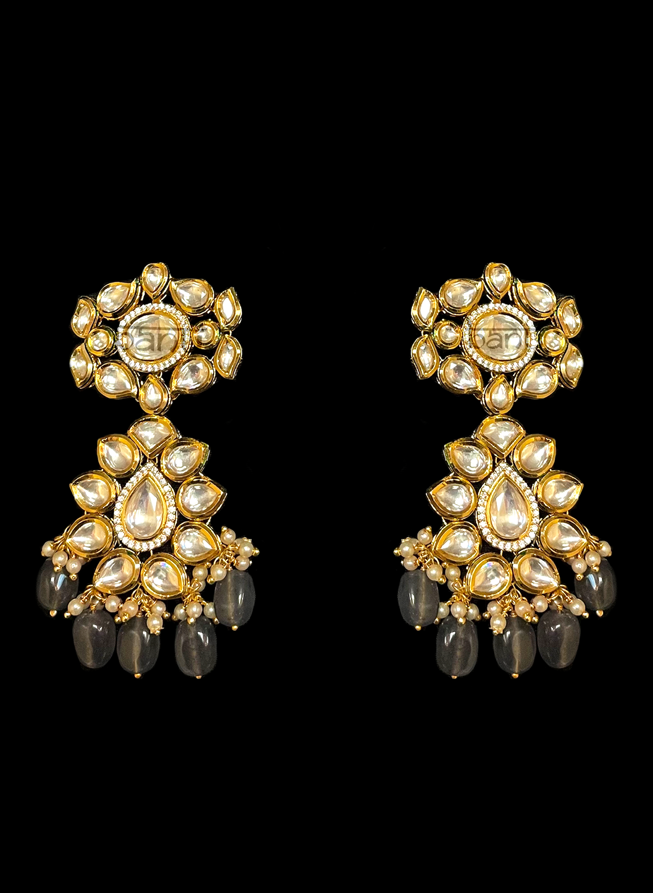 Kundan jhumka earrings with grey onyx gem drops