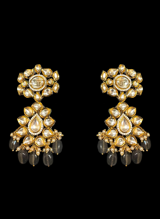 Load image into Gallery viewer, Kundan jhumka earrings with grey onyx gem drops
