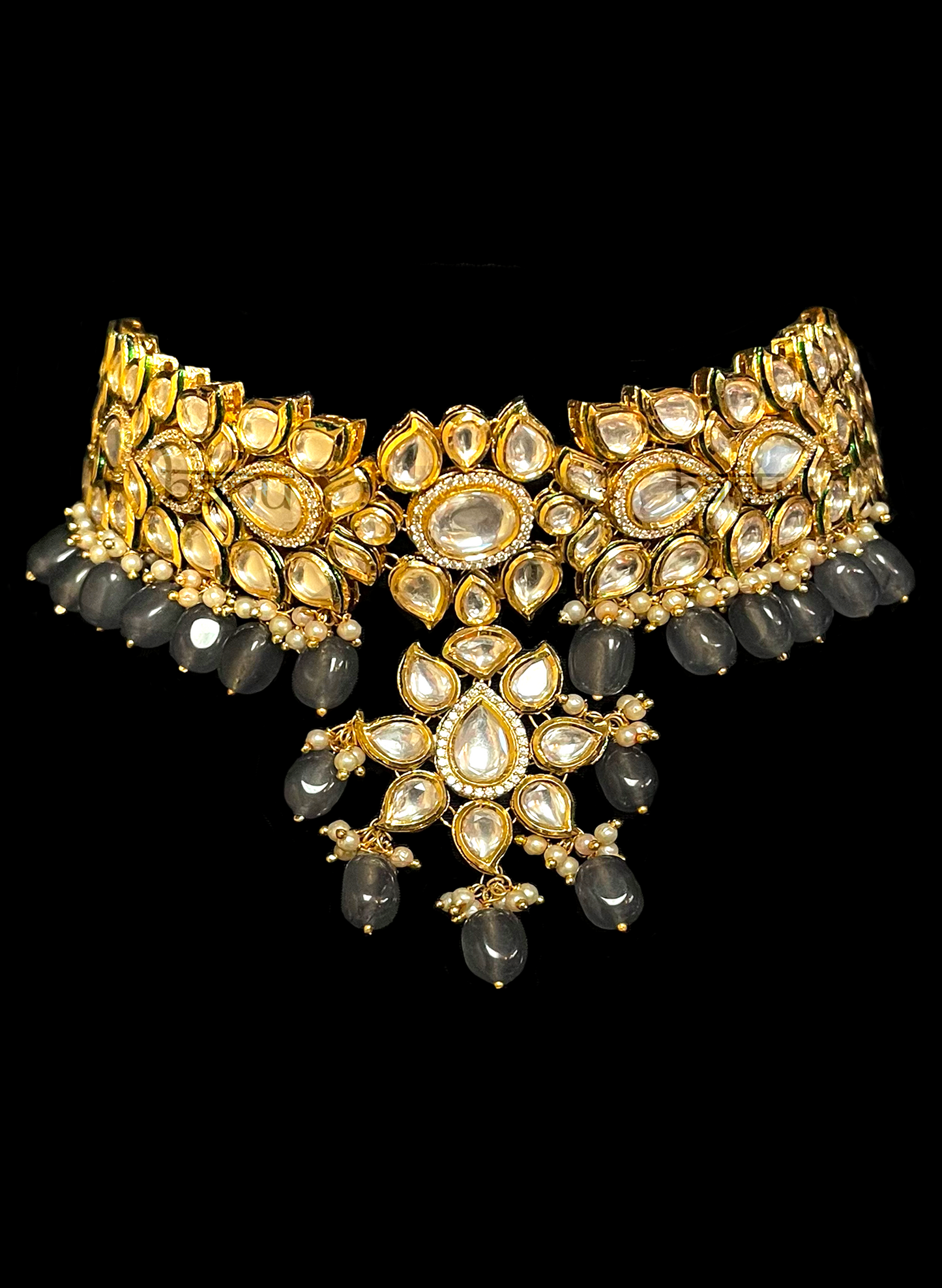 Punjabi bridal choker necklace with kundan and grey stone drops