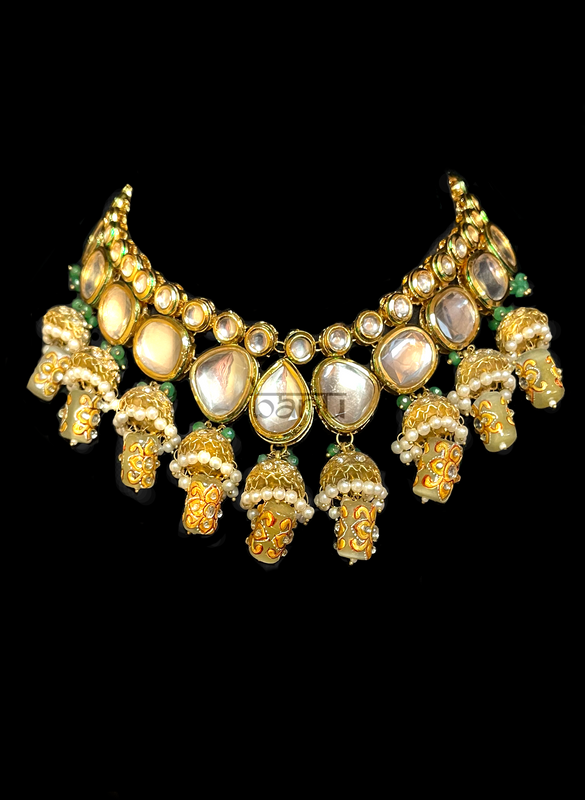 Kundan choker set with gold Onyx, golden polki & pearls for Indian brides in USA