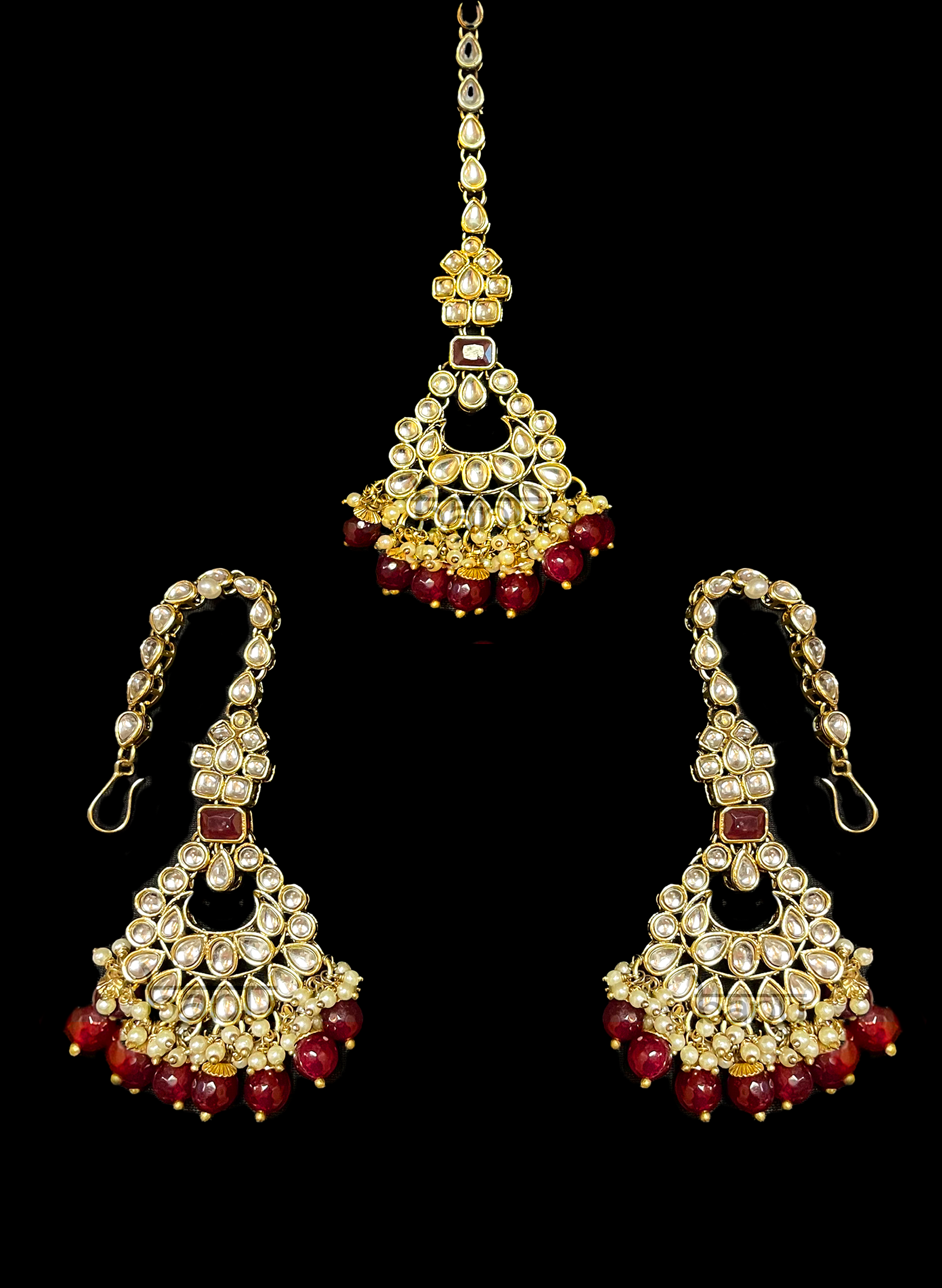 Ruby & Kundan Jhumka earrings with matching Maang Tikkah